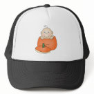 trucker_hat - An adorable baby with one curly hair sits inside an orange pumpkin on customizable Halloween T-shirts, magnets, greeting cards, tote bags, and other items that are perfect for babys first Halloween!: Sizes  Available colors: white_black