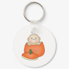 round_keychain - An adorable baby with one curly hair sits inside an orange pumpkin on customizable Halloween T-shirts, magnets, greeting cards, tote bags, and other items that are perfect for babys first Halloween!: Sizes 