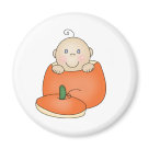 round_magnet - An adorable baby with one curly hair sits inside an orange pumpkin on customizable Halloween T-shirts, magnets, greeting cards, tote bags, and other items that are perfect for babys first Halloween!: Sizes 