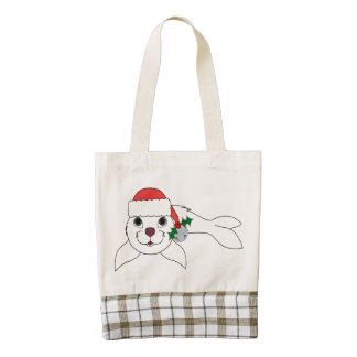 White Baby Seal with Santa Hat & Silver Bell Zazzle HEART Tote Bag