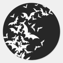 White Bats on Black Round Stickers