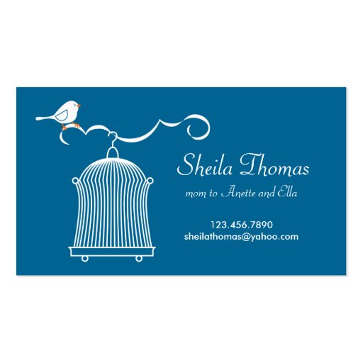 White Birdcage and Bird on Blue Background Business Card (front side)