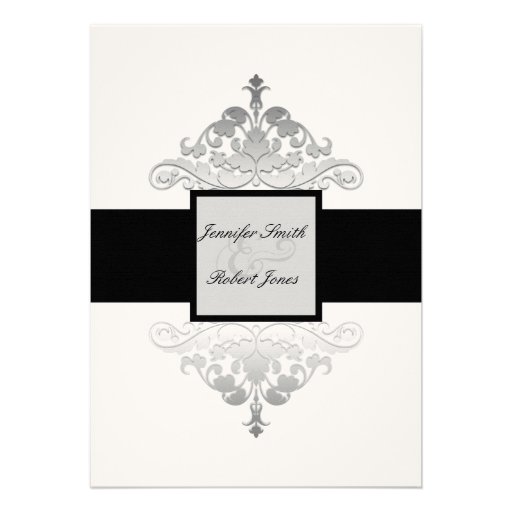 White Black and Silver Damask Wedding Invitation