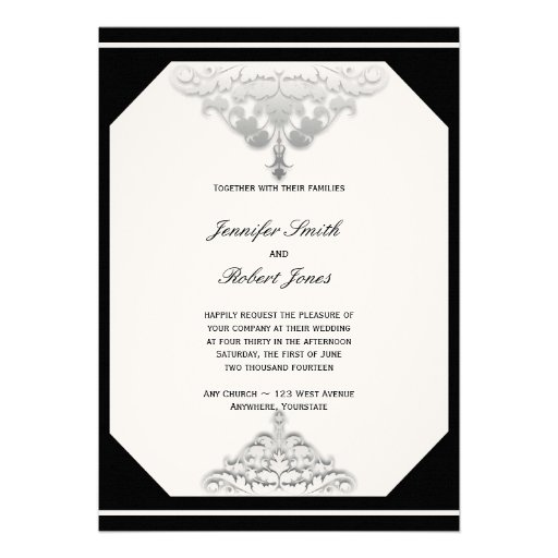 White Black and Silver Damask Wedding Invitation