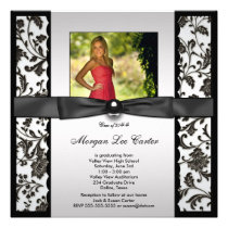 White Black Damask Photo Graduation Announcement invitations