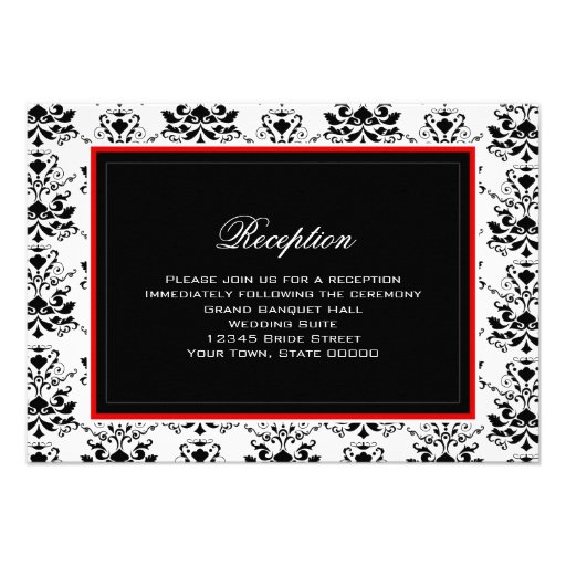 White & Black Damask Red Accent Reception Card