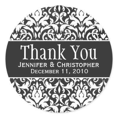 White &amp; Black Damask Round Wedding Labels Sticker
