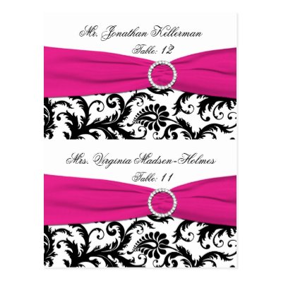 White, Black, Fuchsia Damask Pre-print Placecards Post Card