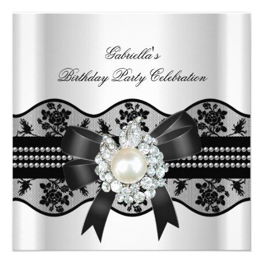 White Black Lace Pearl Elegant Birthday Party Custom Invitations (front side)