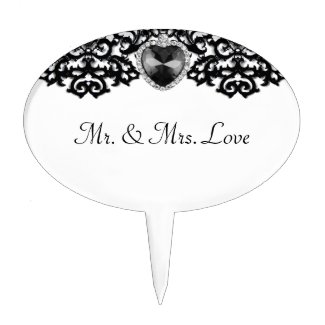 White & Black Ornate Heart Pendant Wedding Cake Pick