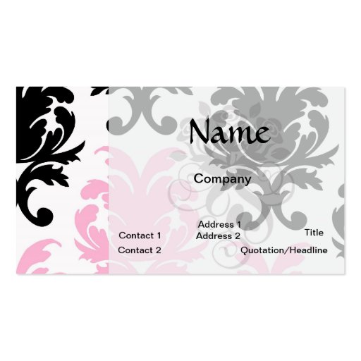 white black pink lovely bold damask business card (front side)
