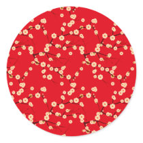 White Blossoms on Red Stickers
