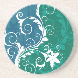 White Blue and Green Floral Grunge Drink Coaster