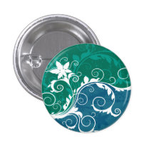 White Blue and Green Floral Grunge Pinback Button