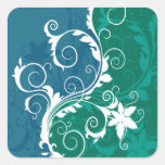 White Blue and Green Floral Grunge Square Stickers