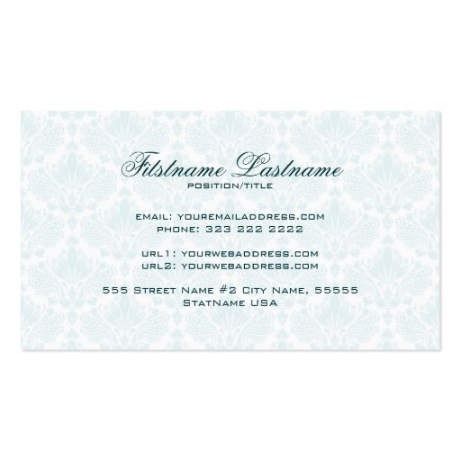 White & Blue Elegant Retro Floral Damask Business Card Templates (back side)