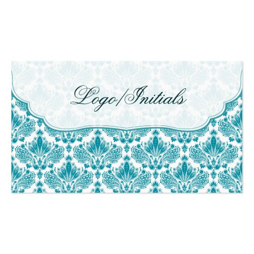 White & Blue Elegant Retro Floral Damask Business Card Templates (front side)