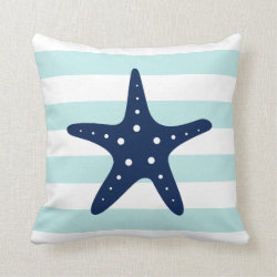 White Blue & Mint Wide Stripes Pattern Starfish Throw Pillow