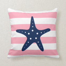 White Blue & Pink Wide Stripes Pattern Starfish Throw Pillow