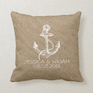 White Boat Anchor Beige Linen Print Pillow