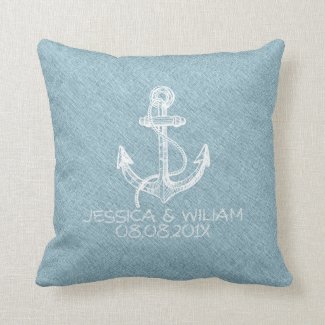 White Boat Anchor Light Blue Linen Print Throw Pillows