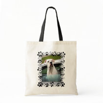 White Boxer in a Car Tote Bags