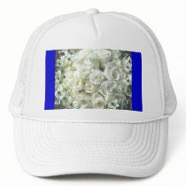 White Bridal Bouquet In Blue Mesh Hat