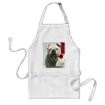White bulldog with rose apron