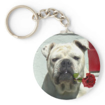 White bulldog with rose keychain