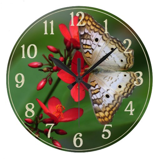 White Butterfly on Red Flowers Wallclocks