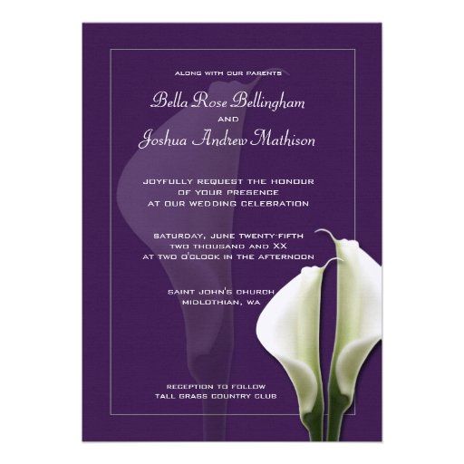 White Calla Lillies Wedding Invitation on Purple