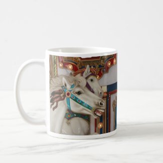 White carousel horse with blue bridle picture mug