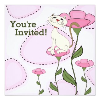 White Cat and Pink Flowers Birthday Invitation