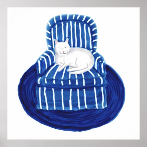 White Cat in a Striped Blue Chair Poster Print