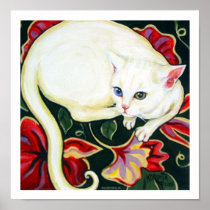 White Cat on a Cushion Print