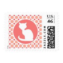 White Cat; Pink & Coral Polka Dots Postage Stamp
