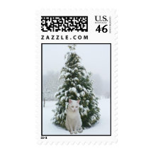 White Cat & Snow Covered Tree Stamp