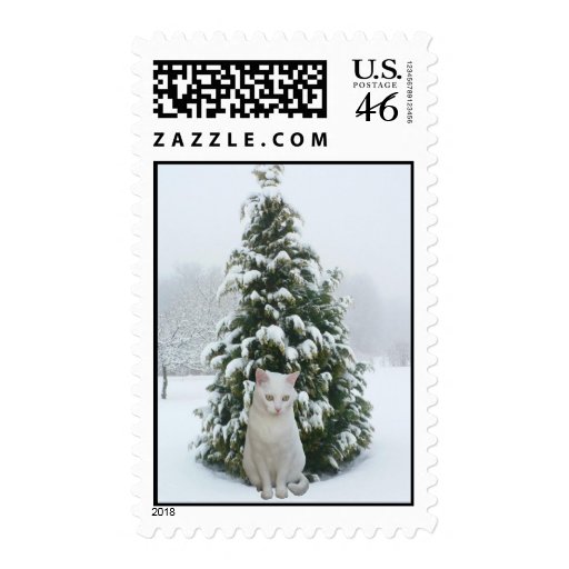 White Cat & Snow Covered Tree Stamp