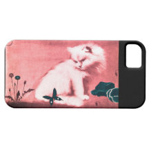 WHITE CAT WITH BLACK BUTTERFLY IN PINK iPhone 5 CASE