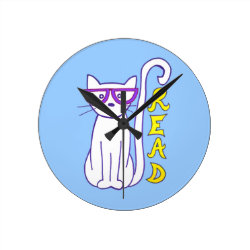 White Cat with Purple Glasses with Read Sign Wallclocks