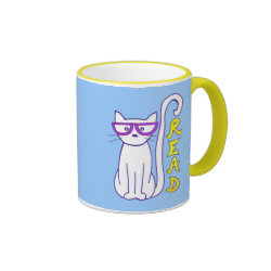 White Cat with Purple Glasses with Read Sign Mugs