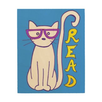White Cat with Purple Glasses with Read Sign Wood Wall Art