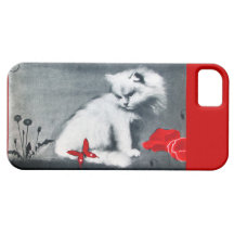 WHITE CAT WITH RED BUTTERFLY iPhone 5 CASE