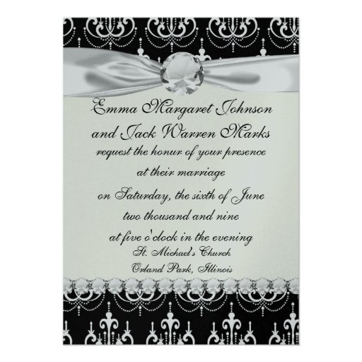 white chadelier on black modern damask design custom invitations