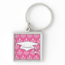white chandelier chic pink damask graduation keychain