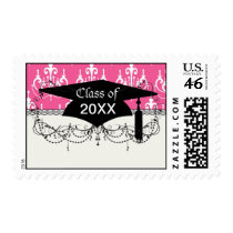 white chandelier chic pink damask graduation postage stamps