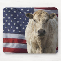 White Charolais Cow & Flag - Patriotic Mousepads