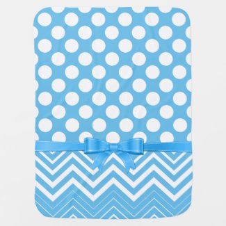 White Chevron And Polka Dot And Blue Ribbon Receiving Blanket