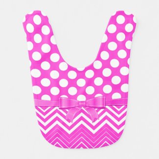 White Chevron And Polka Dot Pink Ribbon Baby Bibs