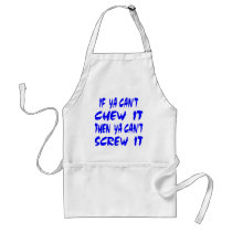 White Chew It Screw It aprons